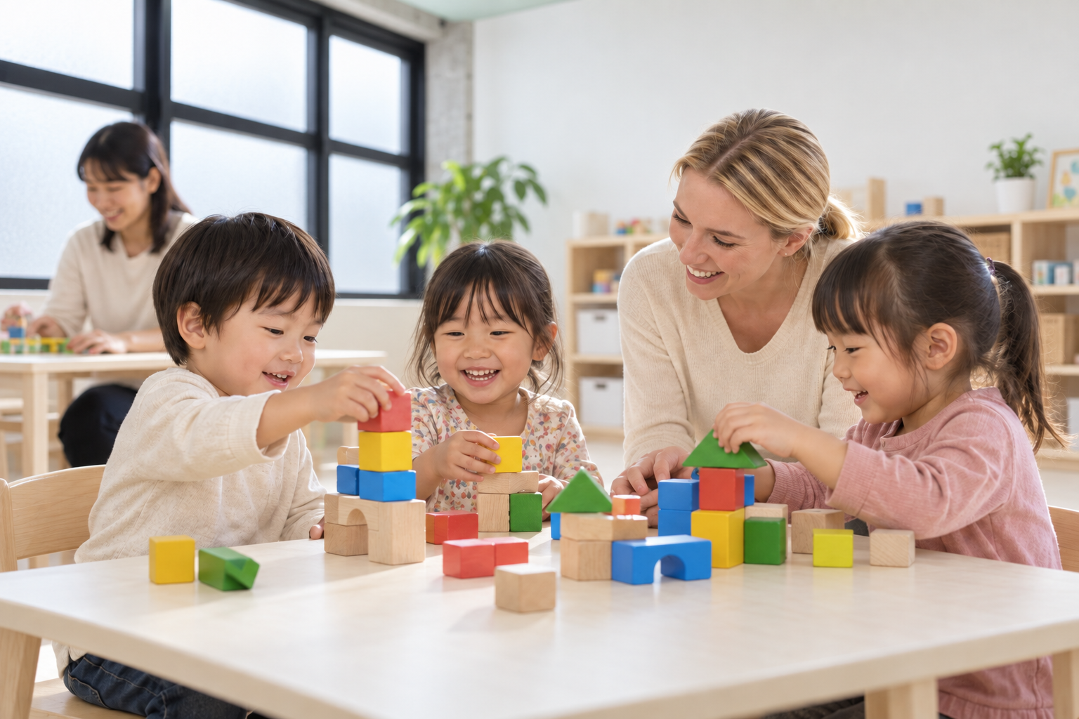 先生と英語での遊びを楽しむ子どもたち