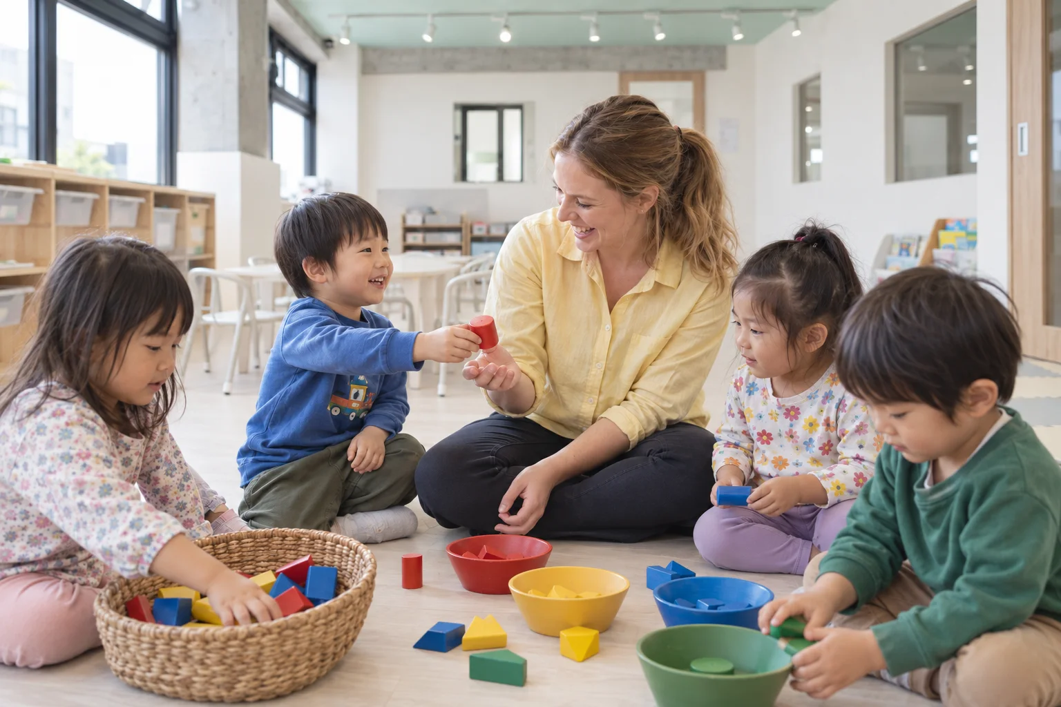 園内で先生と子どもたちが積み木の色分け遊びを楽しむイメージ