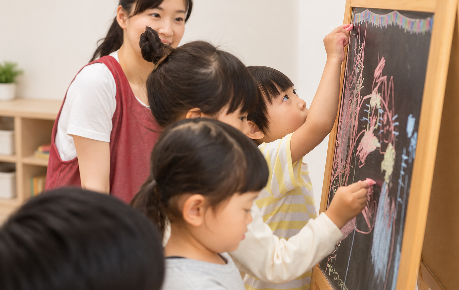 先生と一緒にお絵描きを楽しむ保育コースの子どもたち
